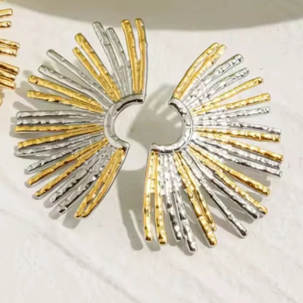 Sun Gold Stainless Steel Silver Sunburst Earrings